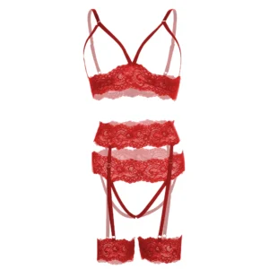Women's Red Lingerie Open Bra Panty Garter Set