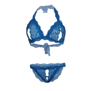 Women's Lace Peek a Boo Bra and Panty Set- Blue