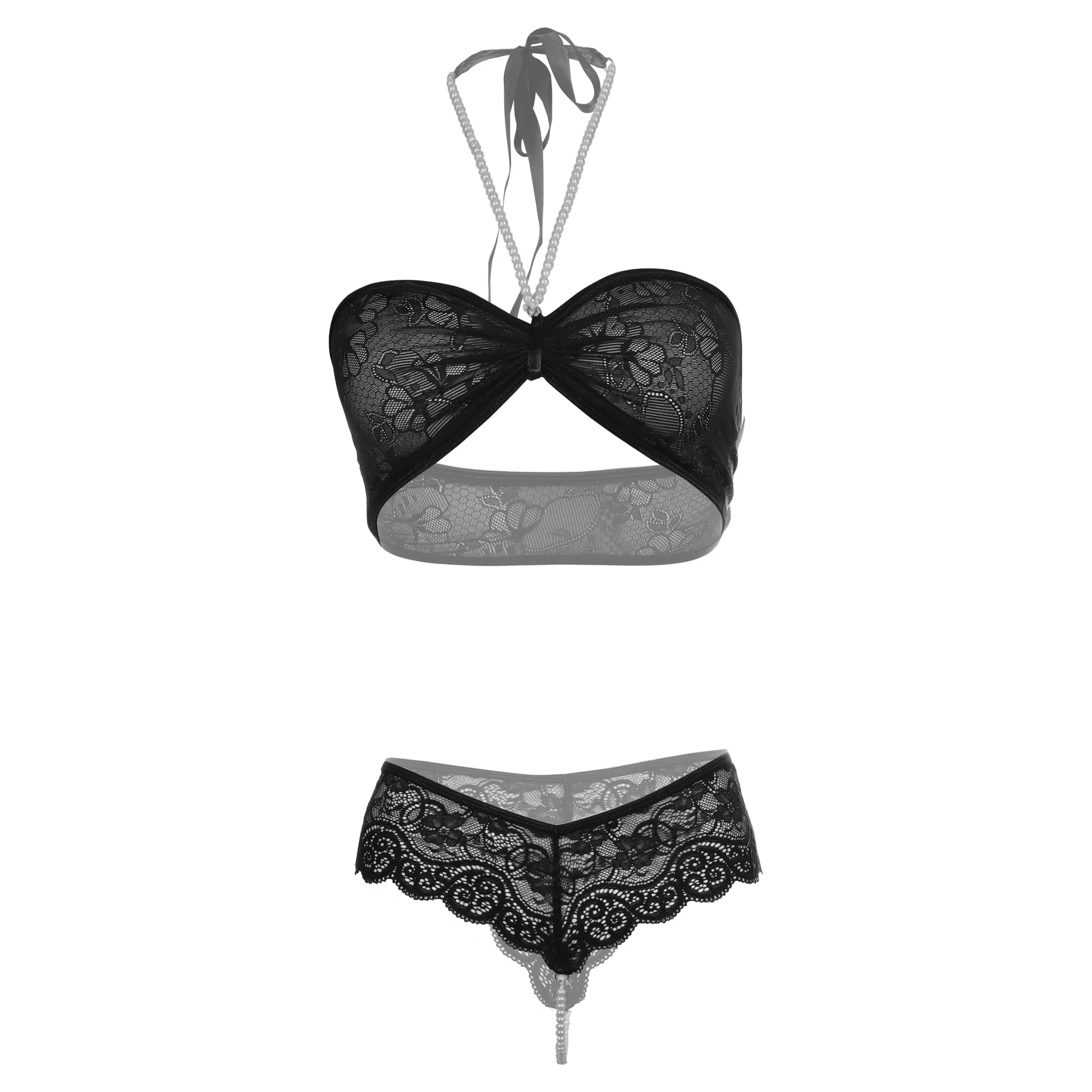 Women's Halter Pearl Black Bra and Panty Set