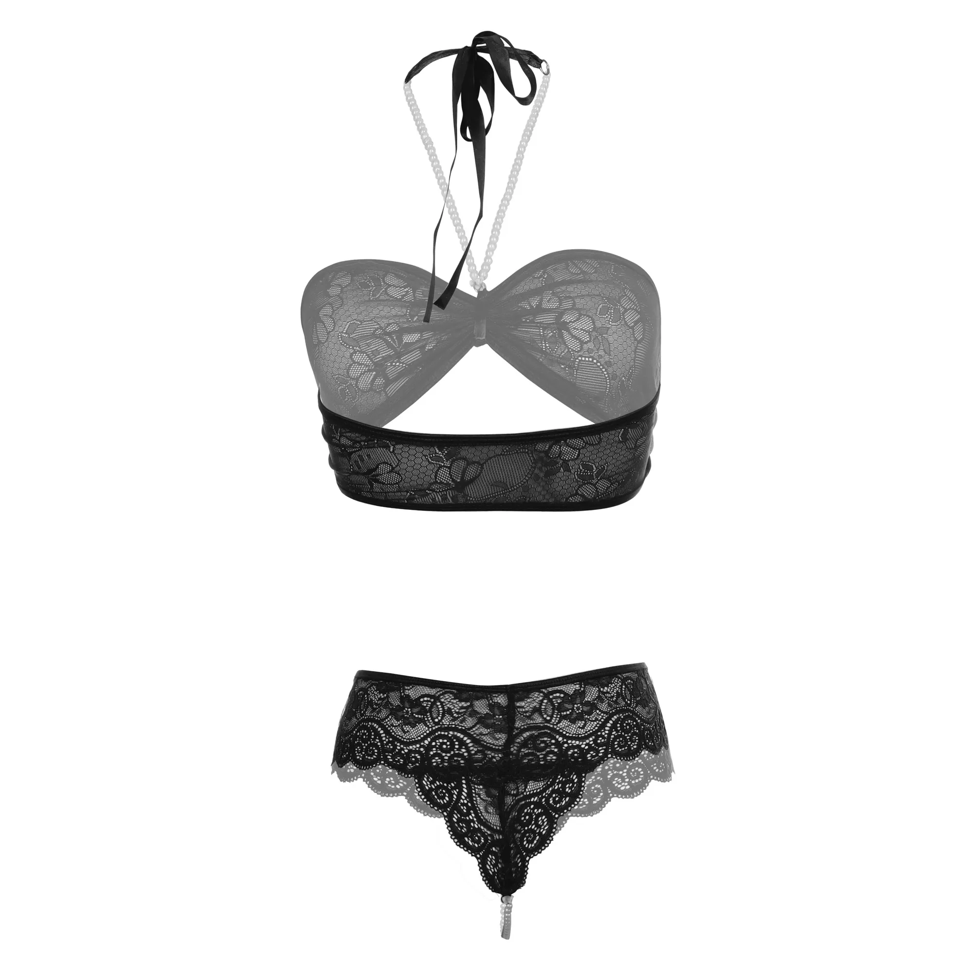 Women's Halter Pearl Black Bra and Panty Set - Image 2