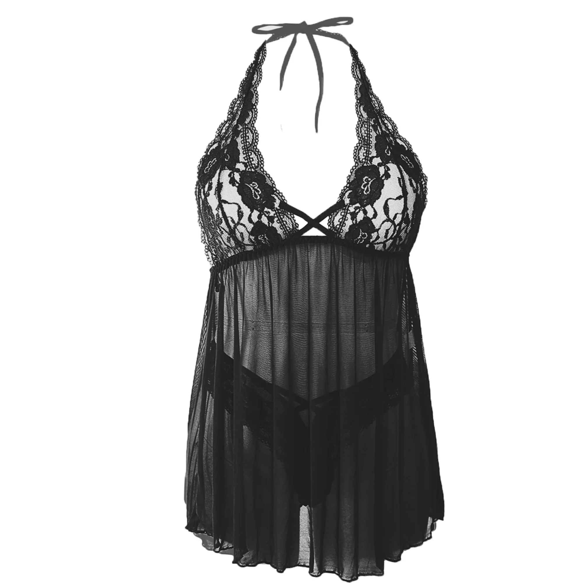 Women's Crisscross Design Black Color Nightwear