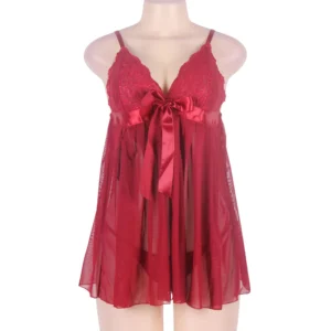 Women's Lace Front Ribbon Maroon Babydoll Nightwear