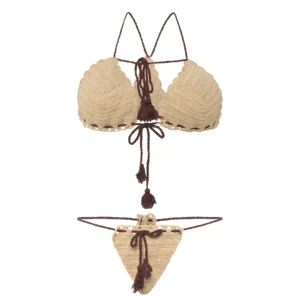 Women's Beige Color Crochet Lingerie with Tassels