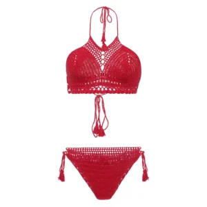Women's Red Color Crochet Lingerie with Side Latkans