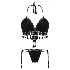 Women's Black Color Crochet Lingerie with Tassels and Latkans