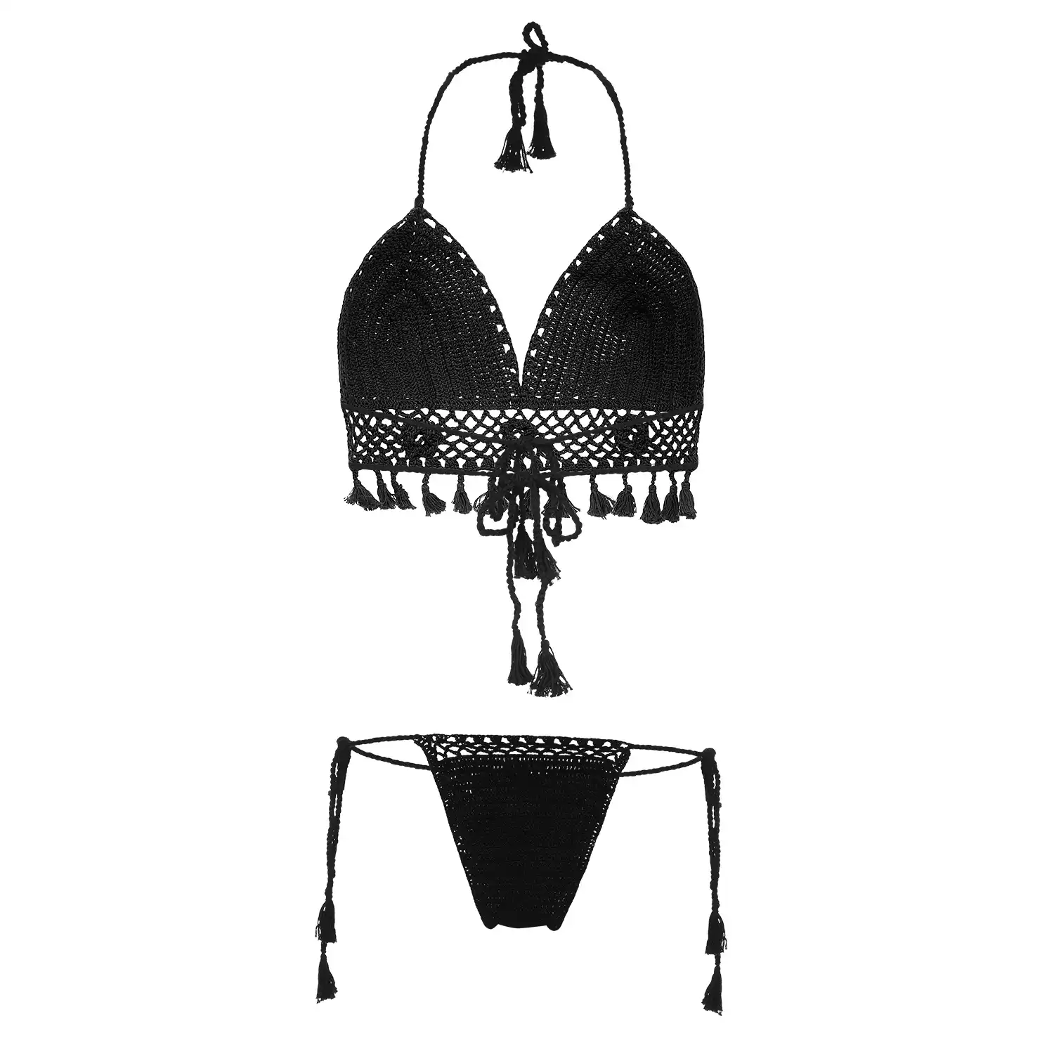 Women's Black Color Crochet Lingerie with Tassels and Latkans - Image 2