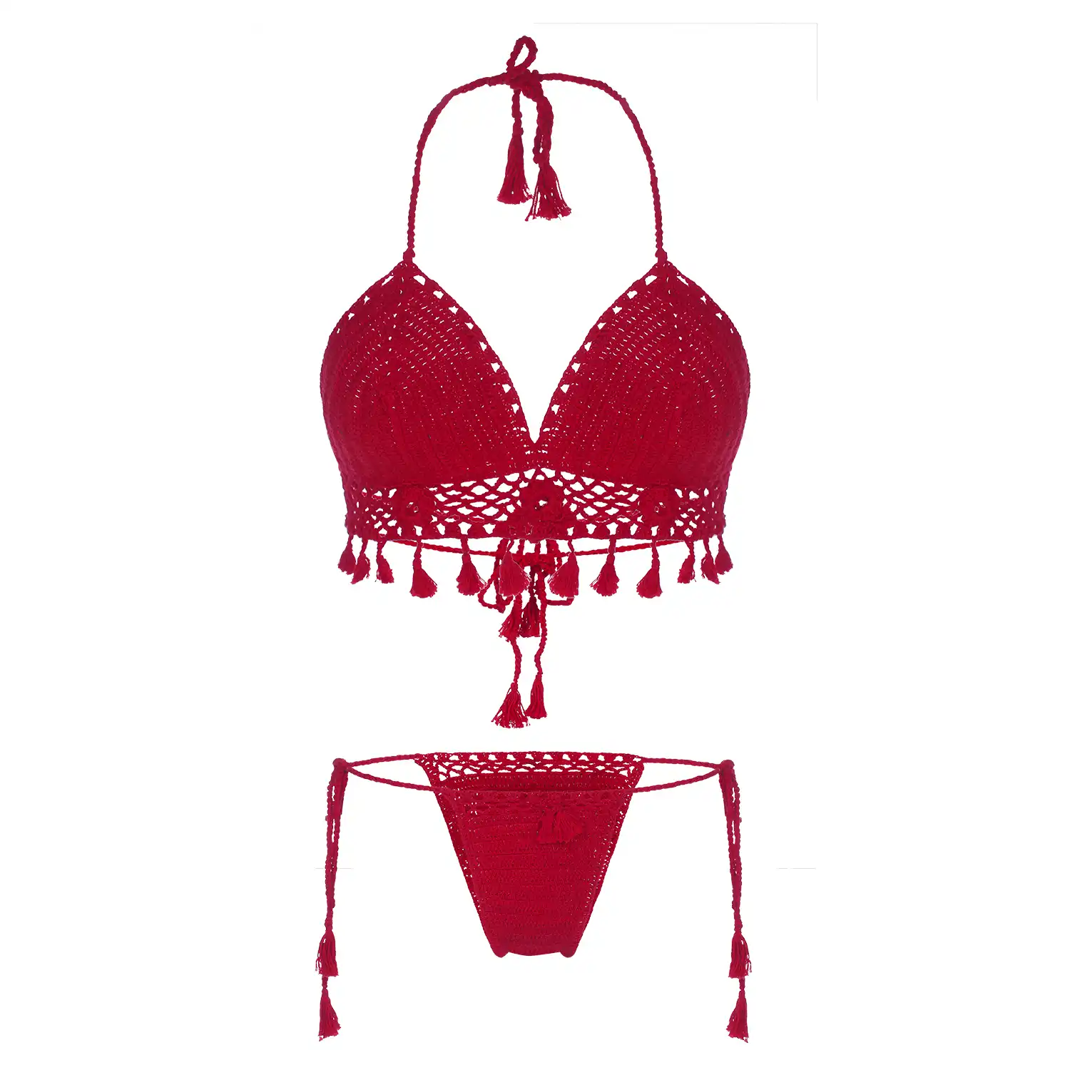 Women's Red Color Crochet Lingerie with Tassels and Latkans