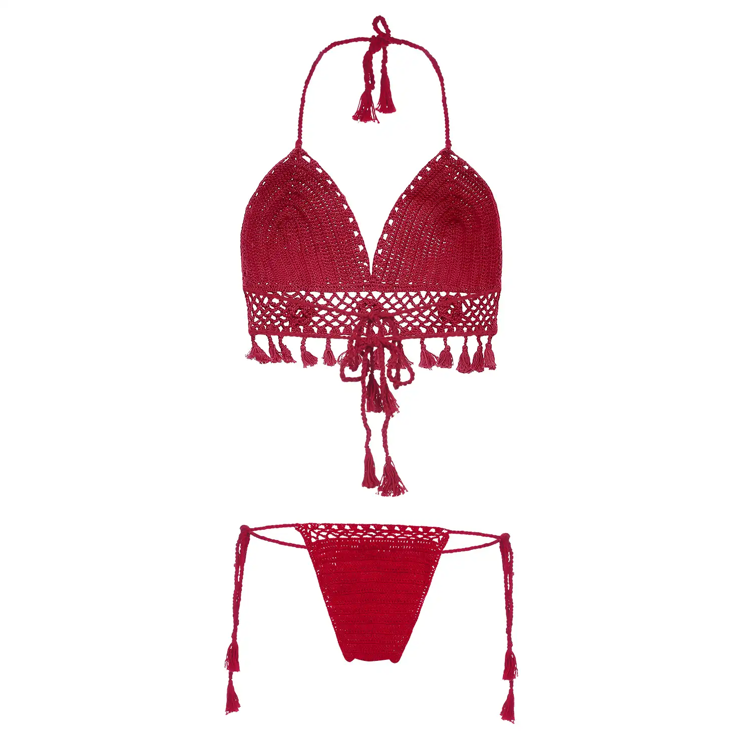 Women's Red Color Crochet Lingerie with Tassels and Latkans - Image 2