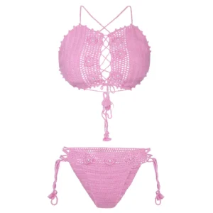 Women's Pink Color Crisscross Crochet Lingerie
