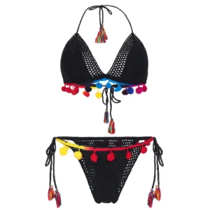 Women's Black Color Crochet Lingerie with Multicolor Tassels