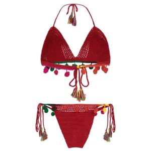Women's Red Color Crochet Lingerie with Multicolor Tassels