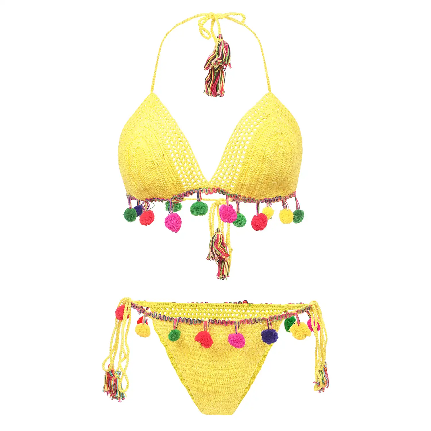 Women's Yellow Color Crochet Lingerie with Multicolor Tassels