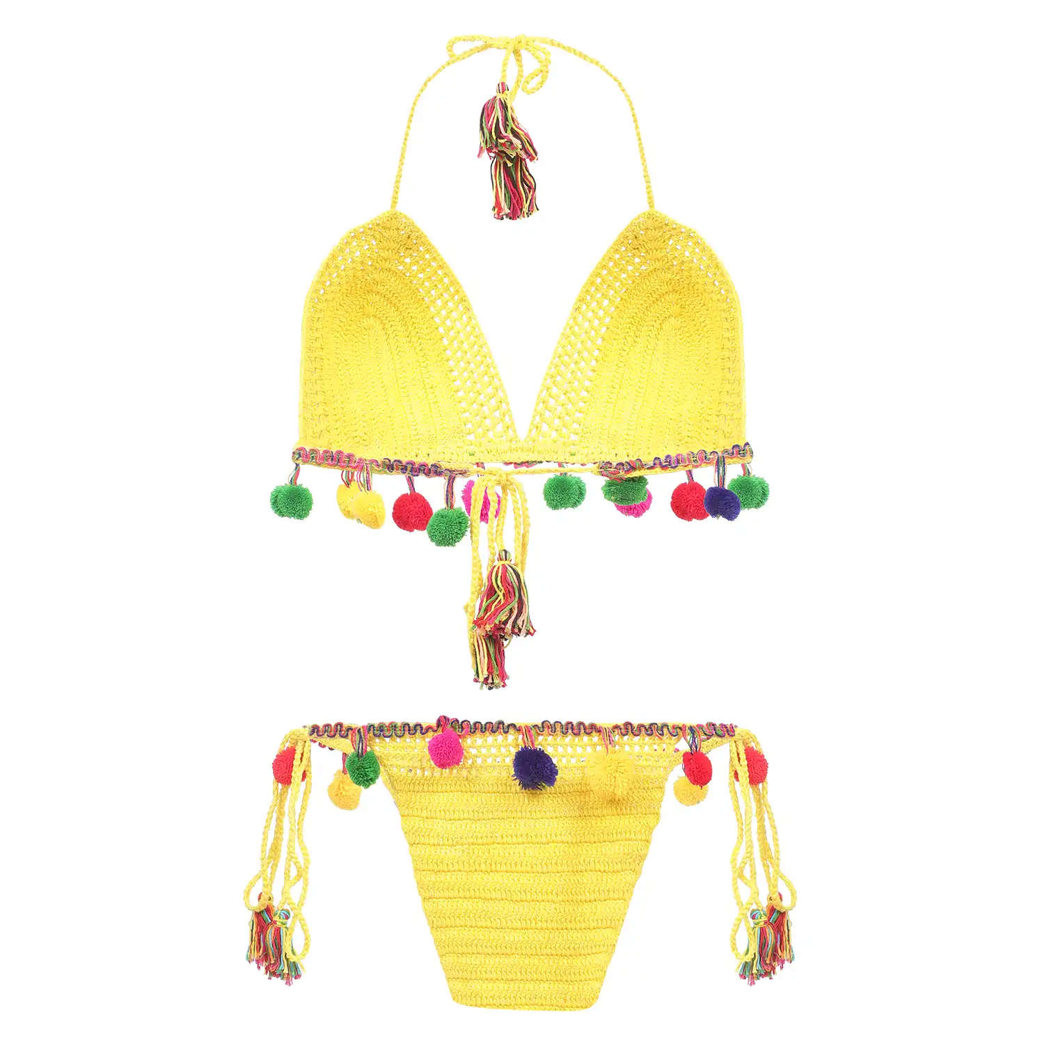 Women's Yellow Color Crochet Lingerie with Multicolor Tassels - Image 2