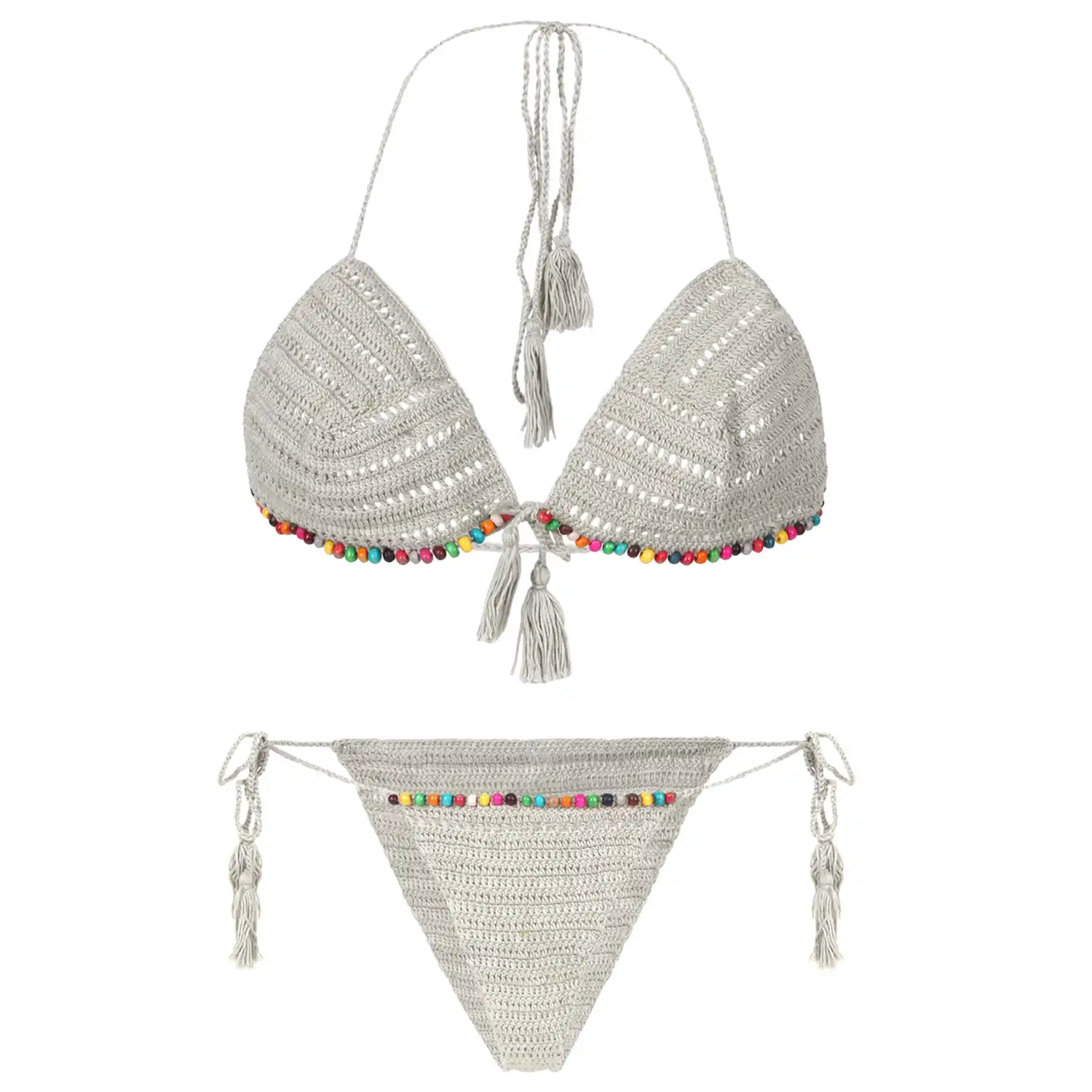 Women's Grey Color Multicolor Pearls Design Crochet Lingerie