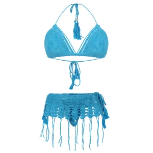 Women's Blue Color Three Piece Crochet Lingerie with Tassels