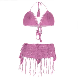 Women's Pink Color Three Piece Crochet Lingerie with Tassels