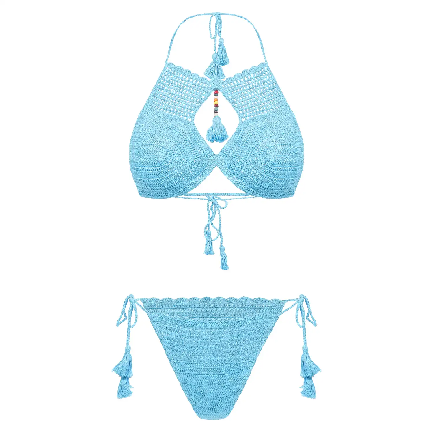 Women's Multicolor Pearls Decor Blue Color Crochet Lingerie