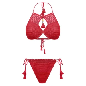 Women's Multicolor Pearls Decor Red Color Crochet Lingerie