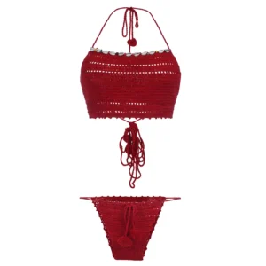 Women's Kowris Shells Decorative Red Color Crochet Lingerie