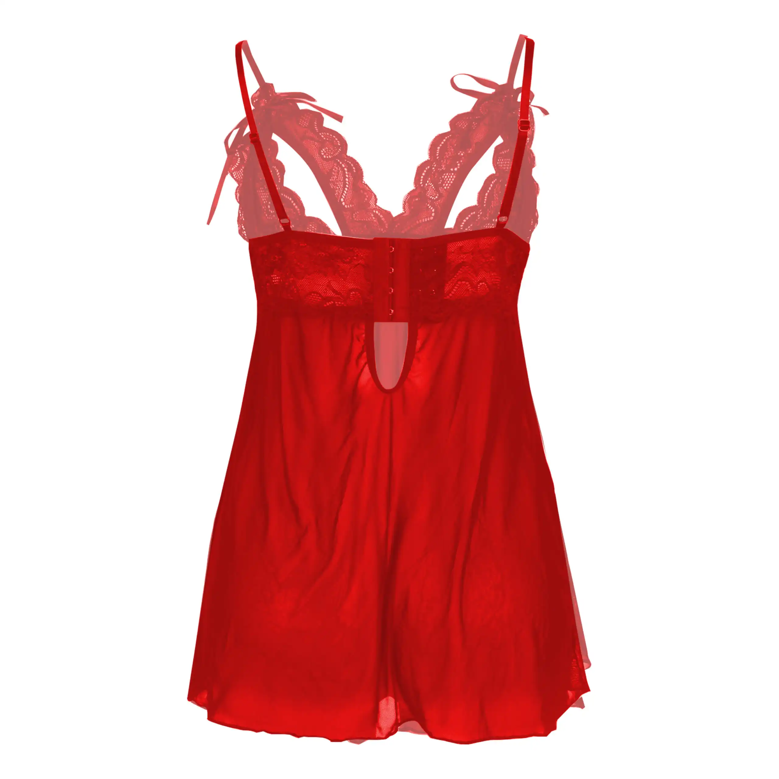 Women's Red Color Lace Solid Babydoll Nightwear - Image 2