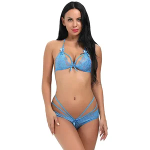 Women's Sexy Lace Low Coverage Stripped Bra and Panty Lingerie Set