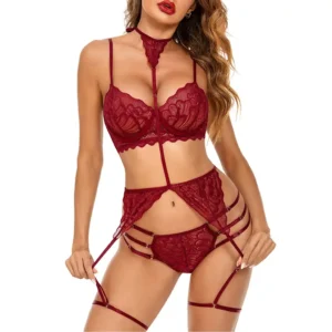 Women's Side Tri Strips Lace Garter Lingerie Set