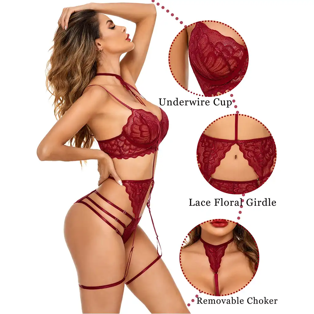 Women's Side Tri Strips Lace Garter Lingerie Set - Image 2