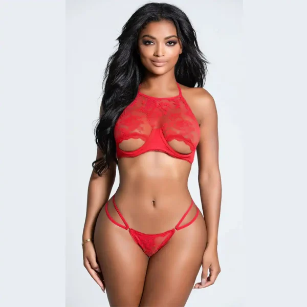 Sexy floral half cut down crotch bra & G-string - Image 3