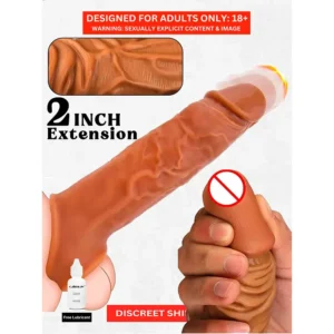 Brown Color Silicon Made Reuseable Penis Cover With Real Like Details And Instant 2 Inch Size Increase Sex Toy For Men